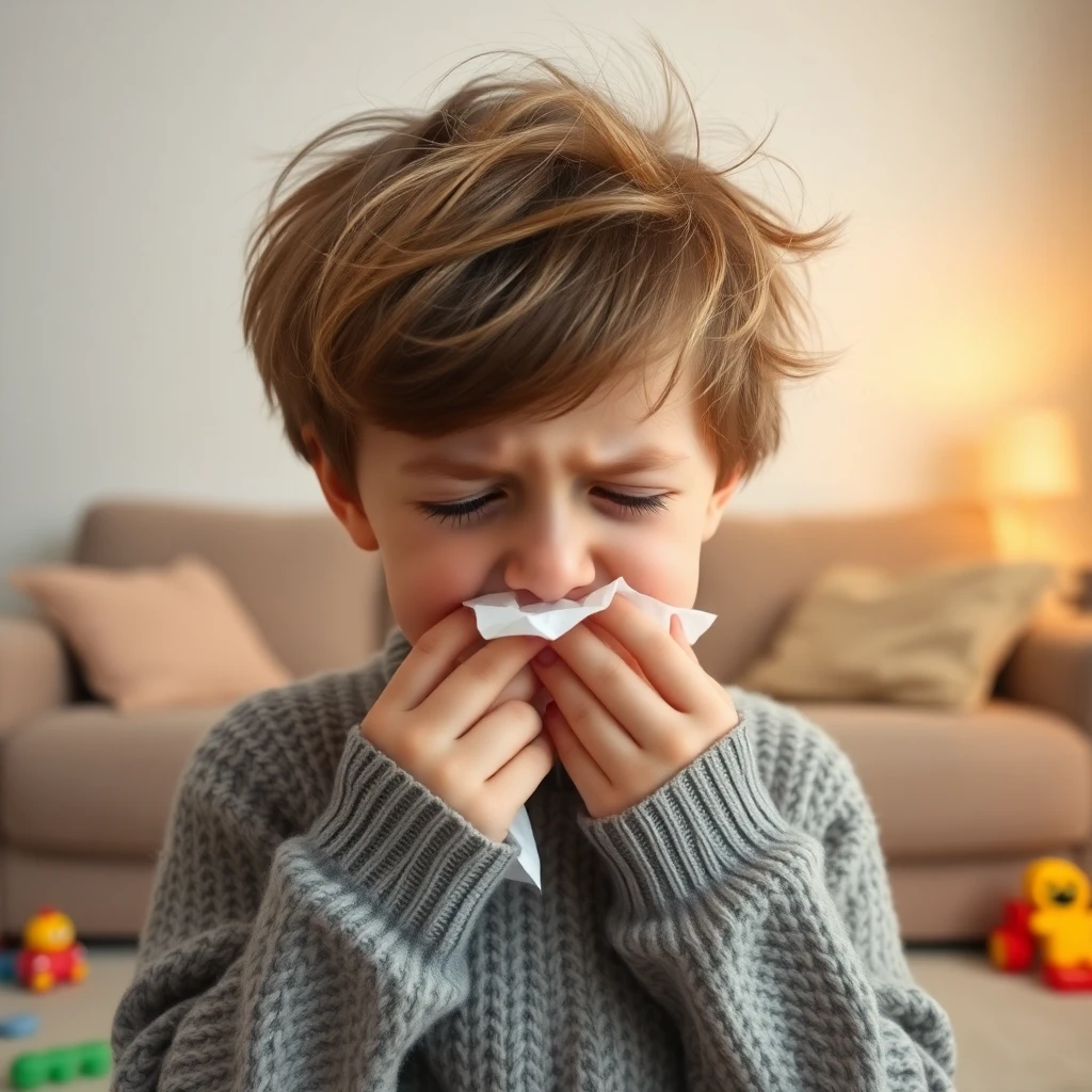 알레르기로 인해 재치기를 참고 있는 아이의 이미지
