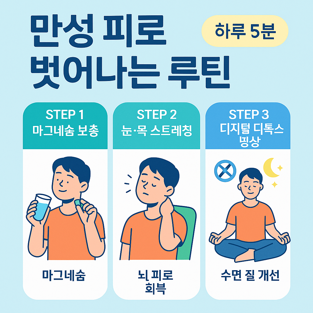 퇴근 후 만성 피로를 회복하기 위한 루틴을 주제로 한 한국어 인포그래픽으로, 마그네슘 섭취, 눈·목 스트레칭, 명상과 디지털 디톡스 루틴이 강조된 플랫 스타일 일러스트