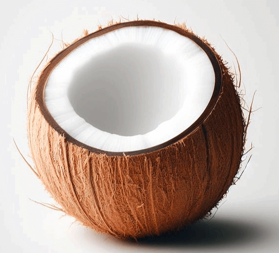 코코넛 윗부분을 자른 것으로 겉은 거친 갈색 껍질이고 안은 하얀 과육이 있다.