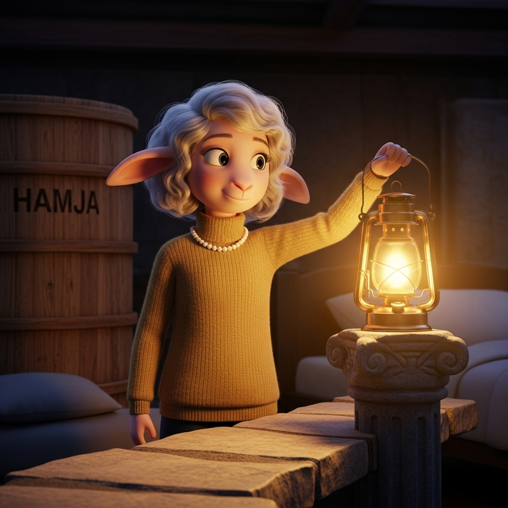 어둠을 밝히는 황금빛 등불을 등경 위에 올려두고 환한 미소를 짓고 있는 단발머리 양 선생님 캐릭터