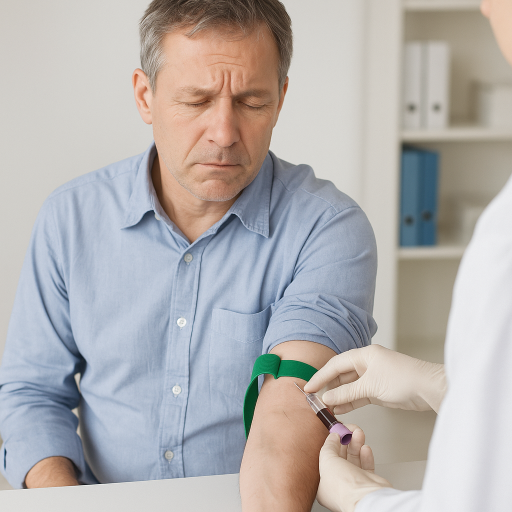 남성 갱년기 검사를 위한 혈액 채취 장면