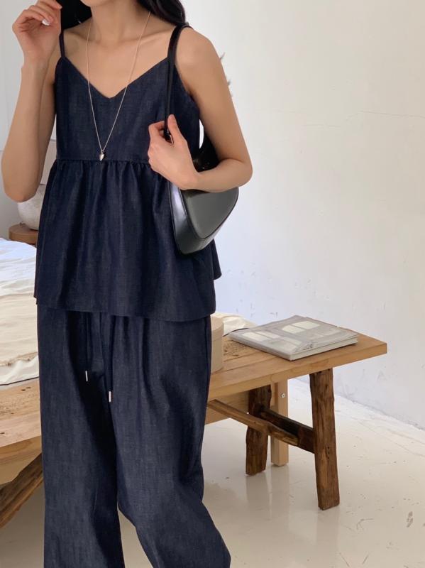 여름 데님 나시 바지 투피스 셋업 청청 세트