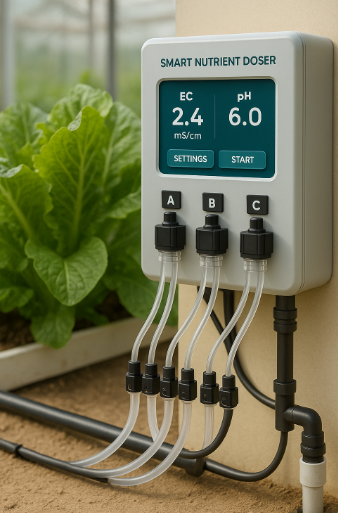 스마트 양액 조절기가 온실에서 작물에 맞춘 영양분과 물을 자동 혼합해 공급하는 장면