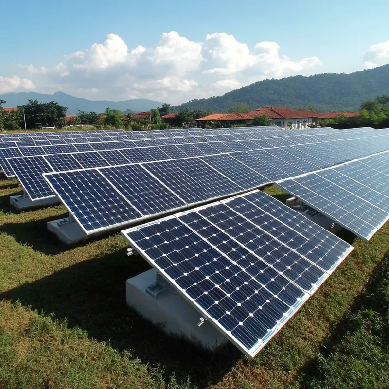 넓은 태양광 발전소가 맑은 하늘 아래 햇빛을 받아 평온하고 자연적인 에너지 변화를 구현합니다.