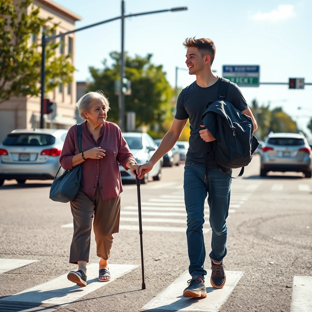 한 청년이 할머니와 손잡고 횡단보도를 걸어가는 모습