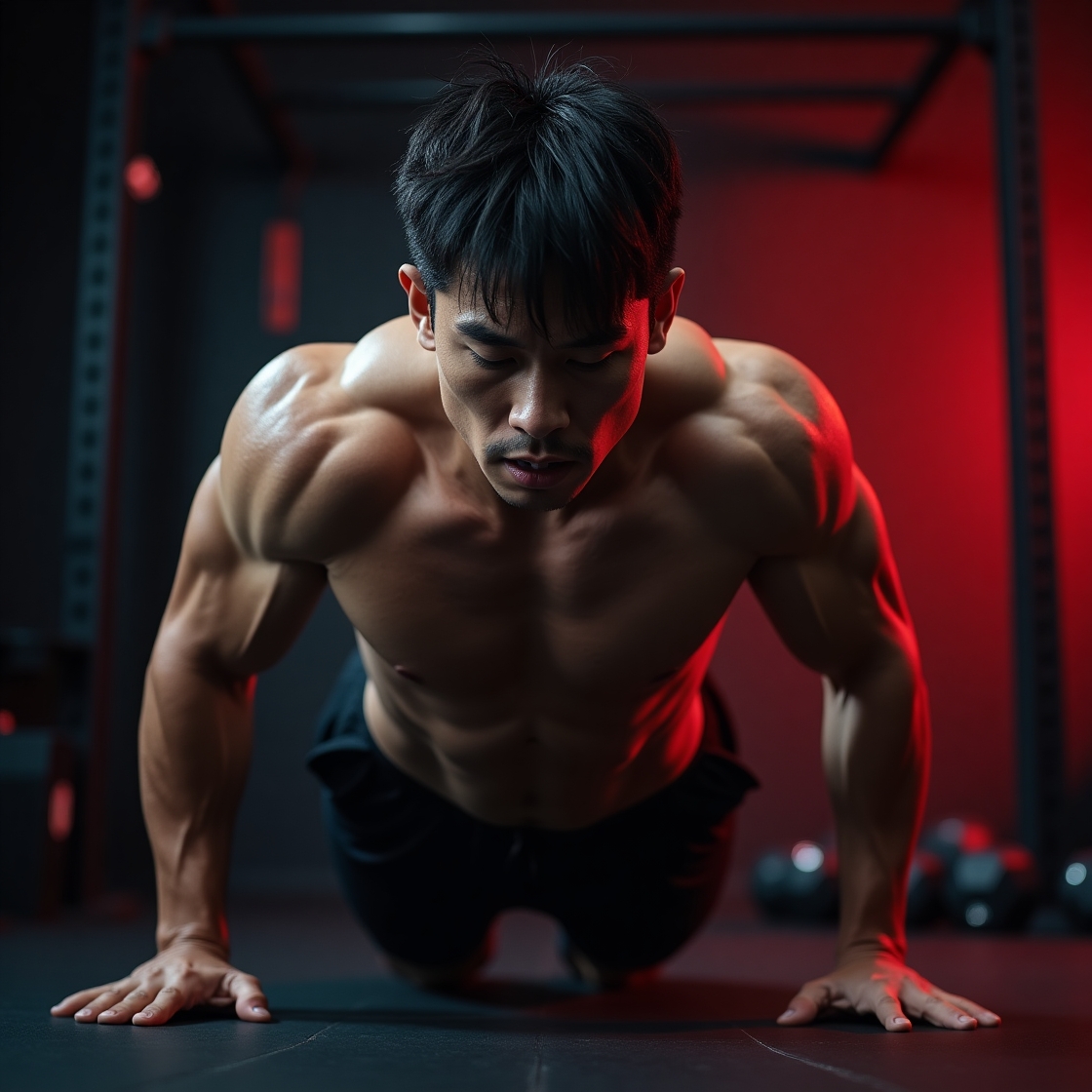 "HIIT 운동 중 땀이 튀는 강렬한 버피 동작을 수행하는 한국인 남성. 역동적인 조명과 짙은 그림자가 강조된 고강도 인터벌 트레이닝 장면. 홈트, 다이어트, 전신운동, 칼로리 소모, 체지방 감량에 효과적인 HIIT 루틴."