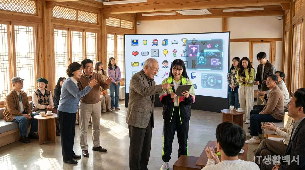 다양한 세대의 한국인들이 미래 지향적이면서도 레트로 감성이 가미된 공간에서 디지털 문화를 공유하는 모습
