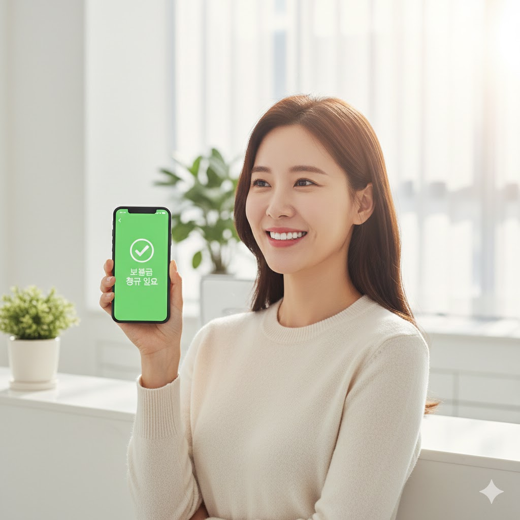 치과 진료를 마치고 밝게 웃으며 스마트폰 앱으로 보험금 청구 완료 메시지를 확인하는 여성