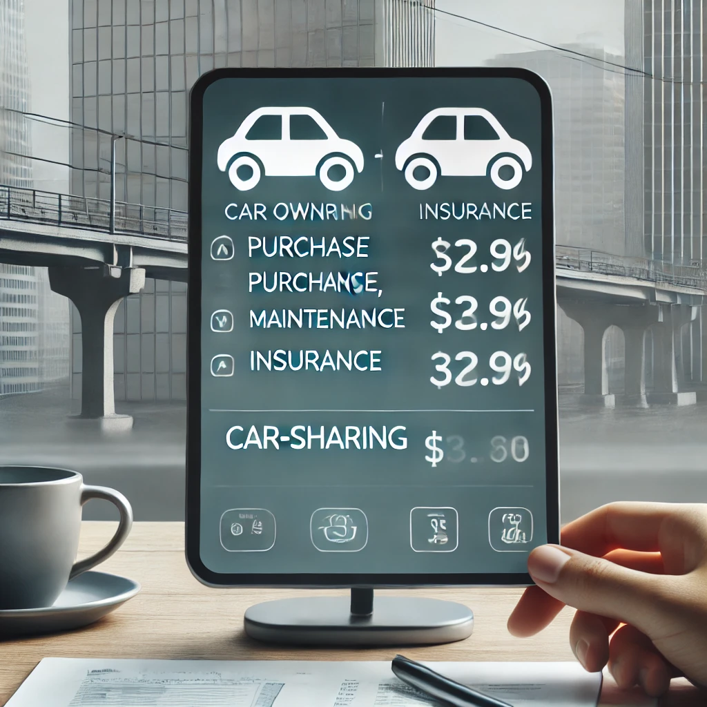 차량 소유 비용과 차량 공유 비용의 비교를 보여주는 디지털 화면, 구매비, 유지비, 보험료 등의 절약 효과가 강조된 도시 환경의 최소한적 배경