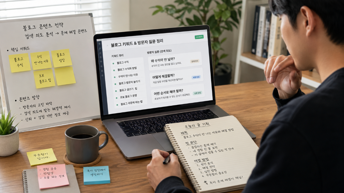티스토리 블로그 운영자가 검색 키워드와 방문자 문제를 분석하는 장면