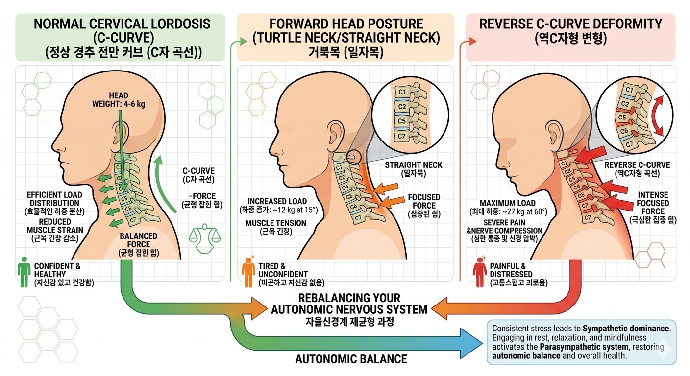 좌측그림: 하중 4KG, 가운데: 하중 ~12KG, 우측그림: 하중 ~27KG 으로 하중 변화에 따라 목 각도를 비교한 이미지 이며, 머리 무게가 어떻게 분산되거나 특정 부위에 집중되는지 시각화 한 그림.