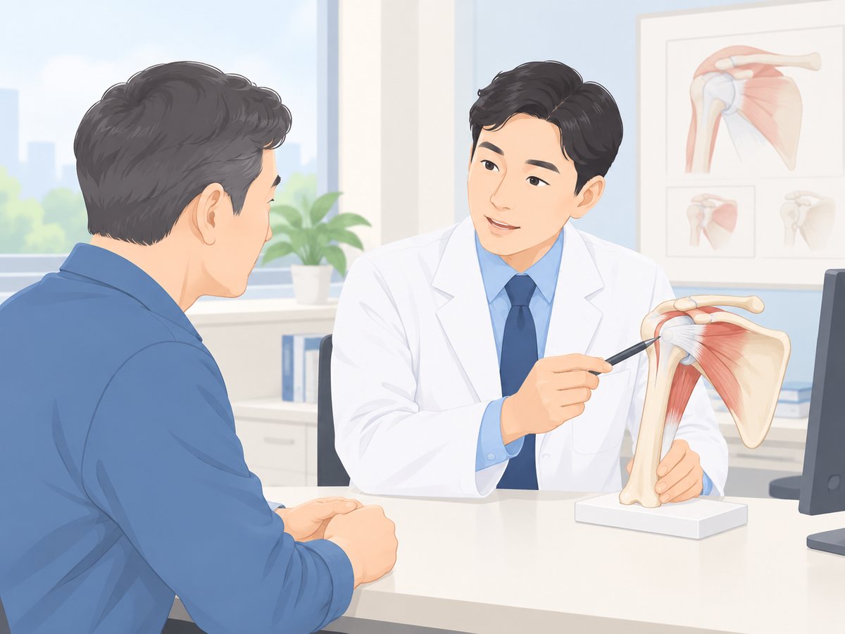 의사가 어깨 관절 모형을 펜으로 가리키며 환자에게 회전근개 구조를 설명하는 장면