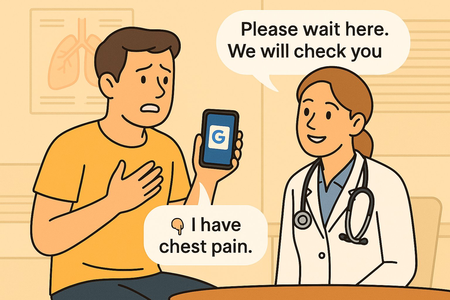 외국 병원에서 한국인 환자가 구글 번역 앱으로 의사에게 가슴 통증을 설명하는 장면