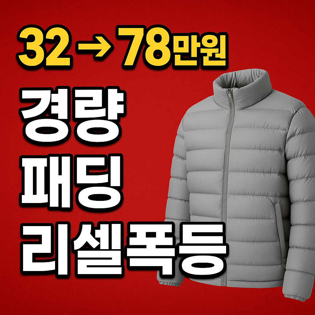 &ldquo;32만원에서 78만원으로 가격 폭등한 회색 경량 패딩 리셀 이슈를 강조한 강렬한 썸네일 이미지&rdquo;
