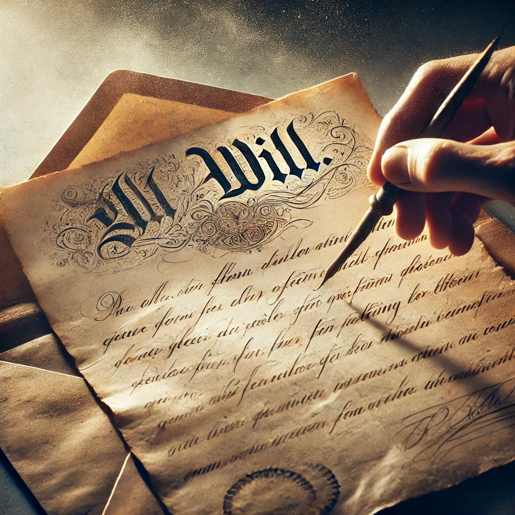 오래된 유언장: 빛바랜 종이에 손글씨로 쓰인 유언장. 봉투에서 꺼내지는 순간 먼지가 날리는 모습.