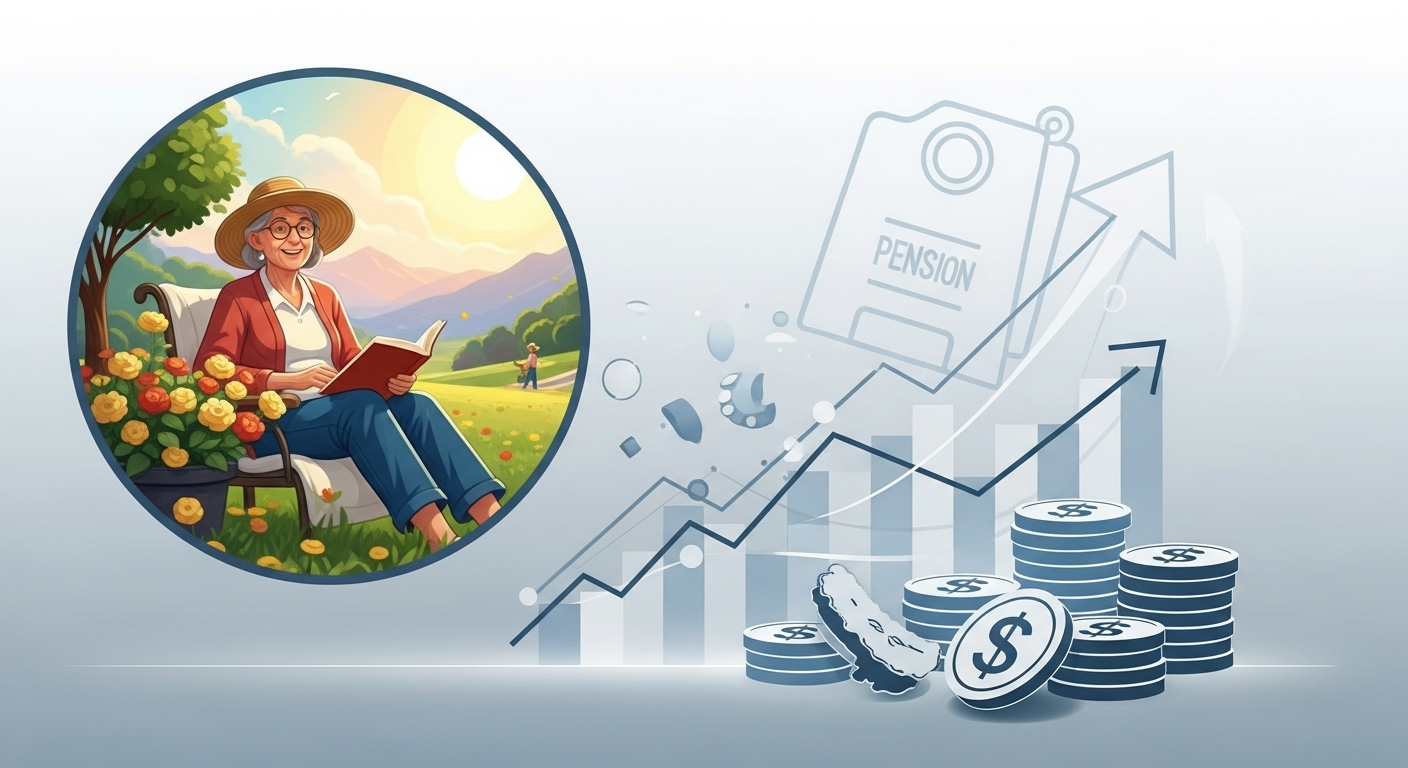 개인연금으로 든든한 노후를 보내는 행복한 노년의 모습과 재정적 안정을 상징하는 그래프 및 동전