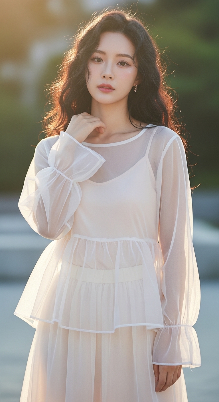 얇은 시스루 소재를 레이어링하여 신비롭고 시원해 보이는 여름 스타일