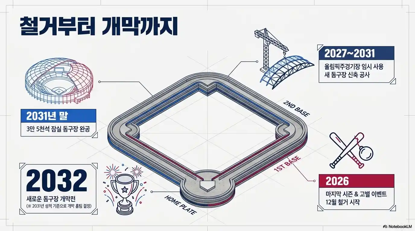 잠실야구장 철거부터 2032년 새 돔구장 개장까지의 공사 일정과 주요 타임라인 인포그래픽