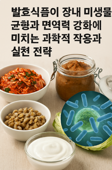 김치, 낫또, 요구르트, 된장국 같은 대표적인 발효식품들이 식탁 위에 놓여 있고, 장내 유익균과 면역력 강화의 상징적인 요소들이 함께 표현.
