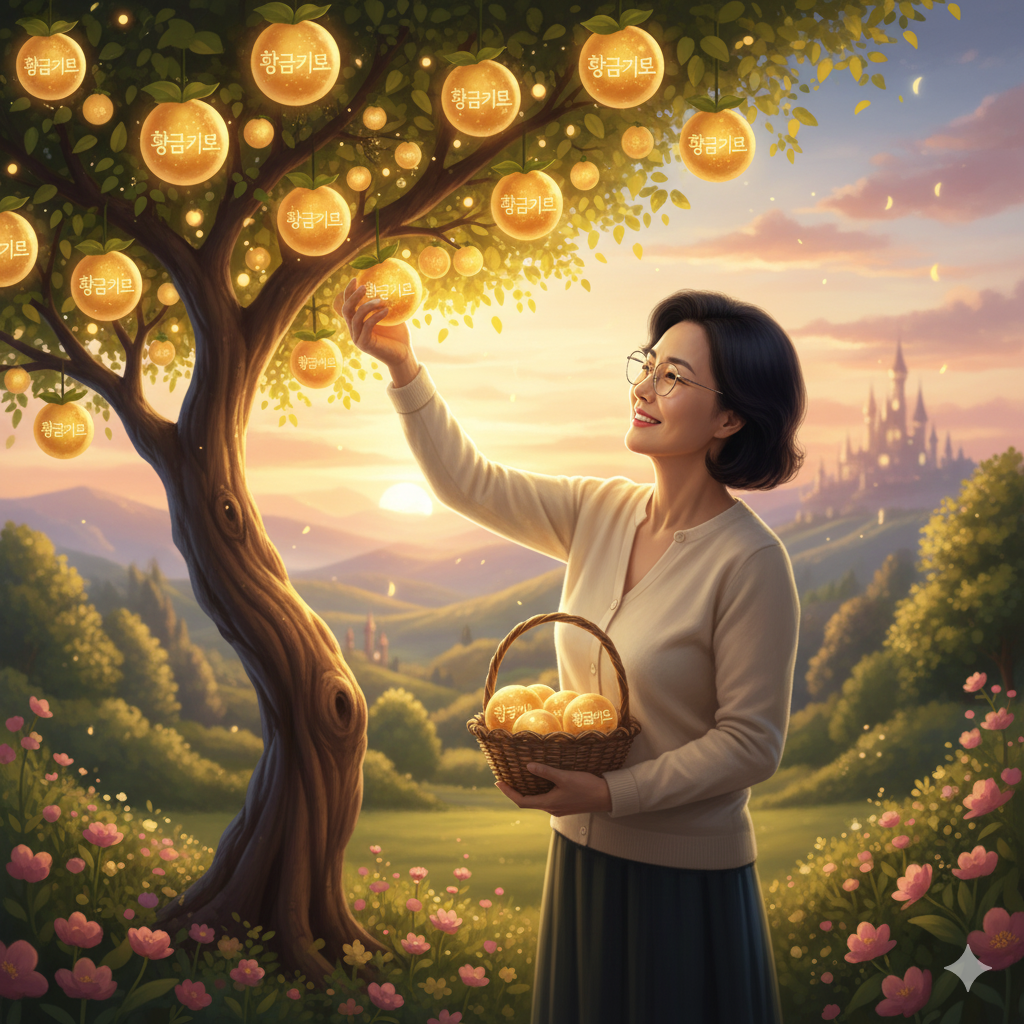 한 여성이 '황금 키워드'라고 적힌 황금 열매가 열린 나무에서 열매를 수확하는 모습