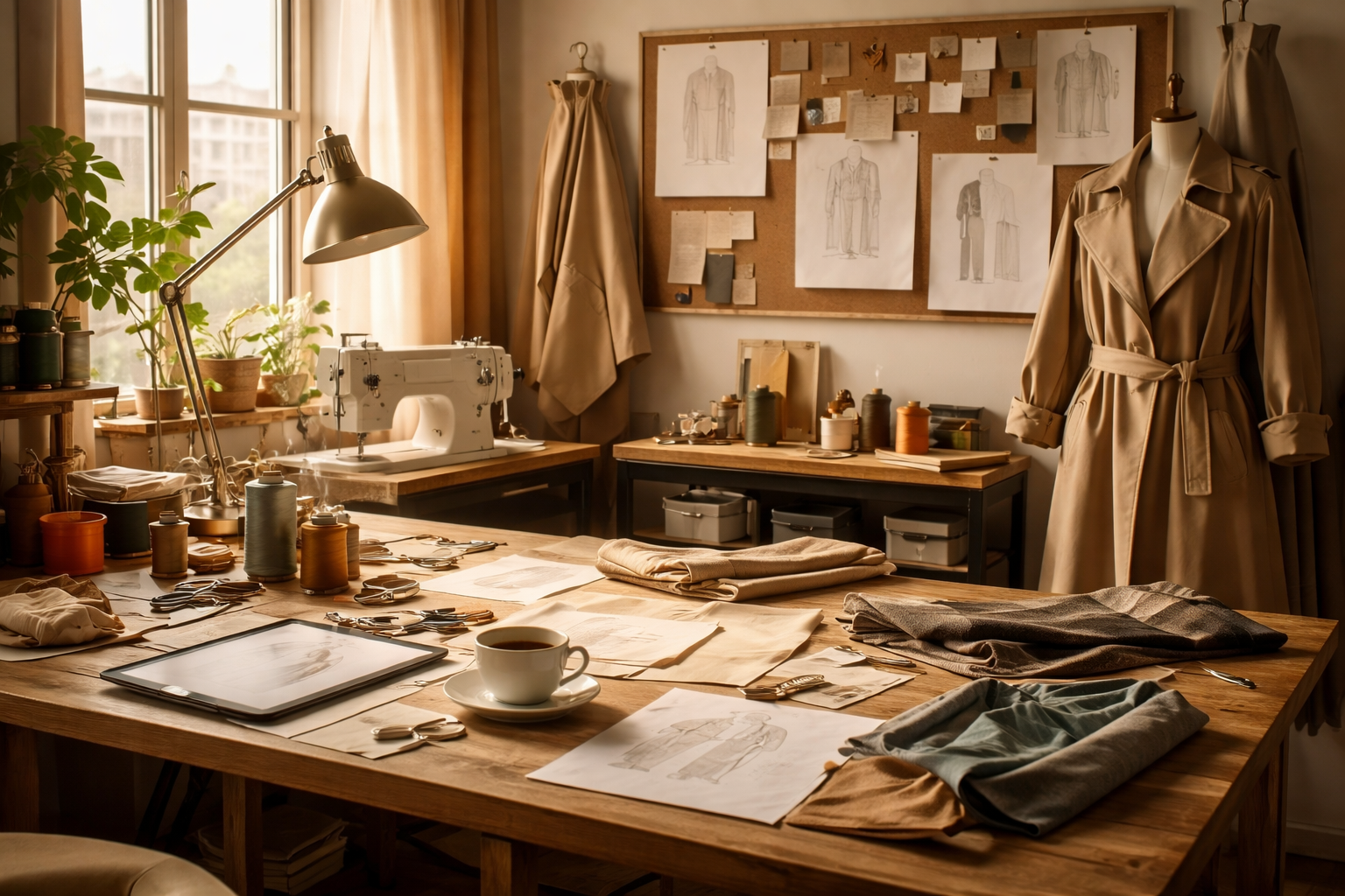 Pause Studio sewing workspace with trench coat design sketches, fabrics, and a beige trench coat on a dress form