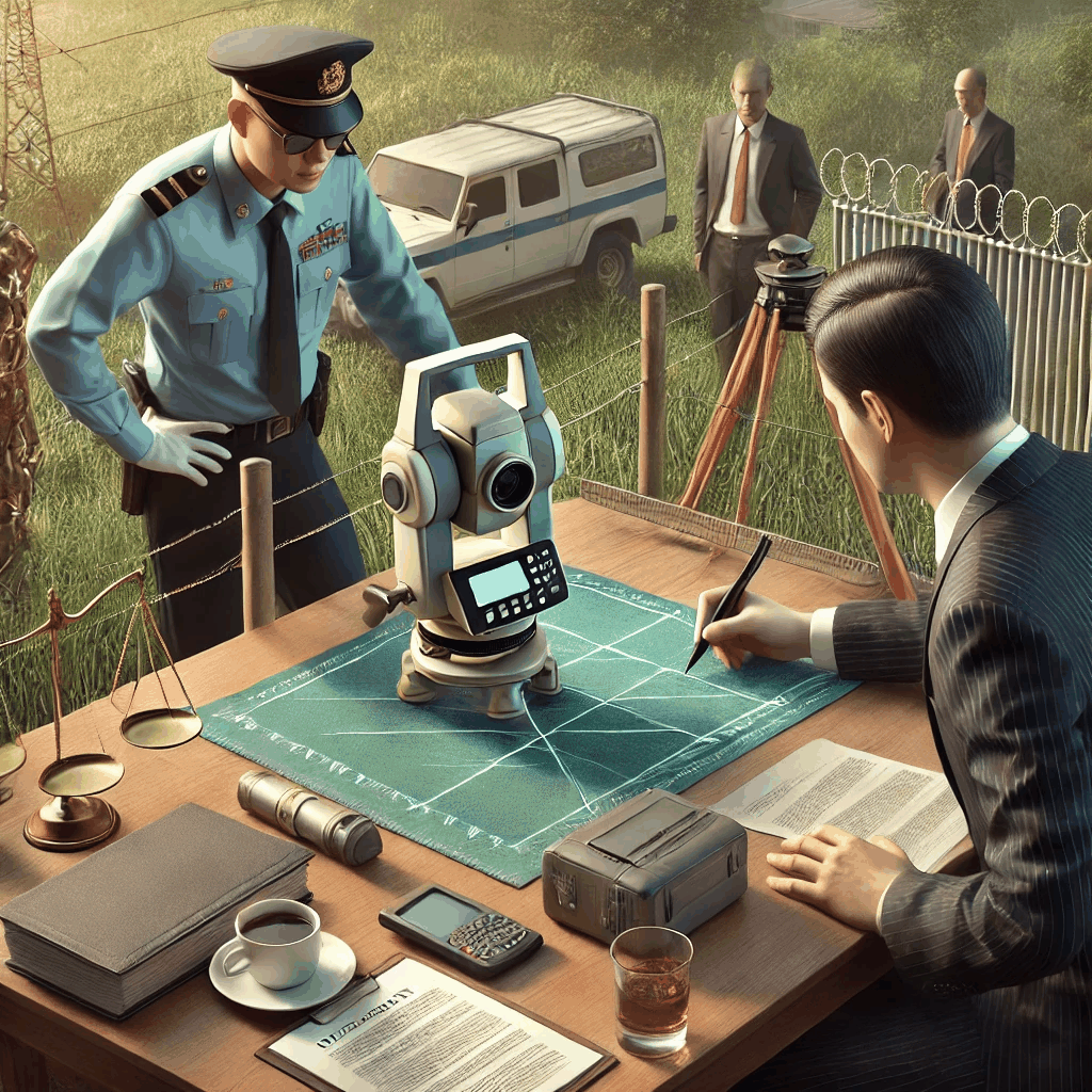 국유지와 사유지의 경계 분쟁을 해결하기 위해 측량사가 측량 도구를 사용하고, 사유지 소유자와 정부 관계자가 논의하는 긴장된 현장