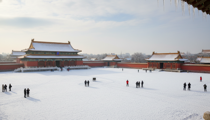 하얀 눈이 내려앉은 자금성의 붉은 담장과 황금빛 지붕의 아름다운 대비