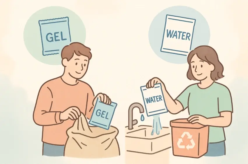 아이스팩 버리는 법을 제대로 알고 젤, 물을 구분해서 버리고 있는 모습