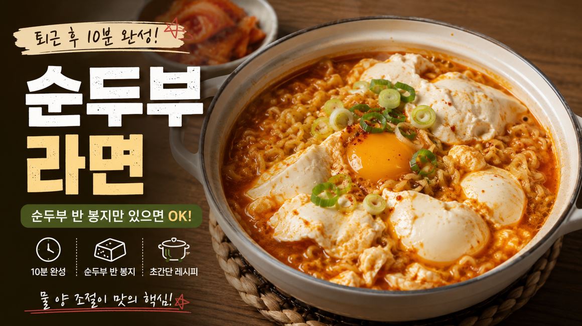 라면에 부드러운 순두부와 대파를 넣어 얼큰하게 끓인 순두부라면