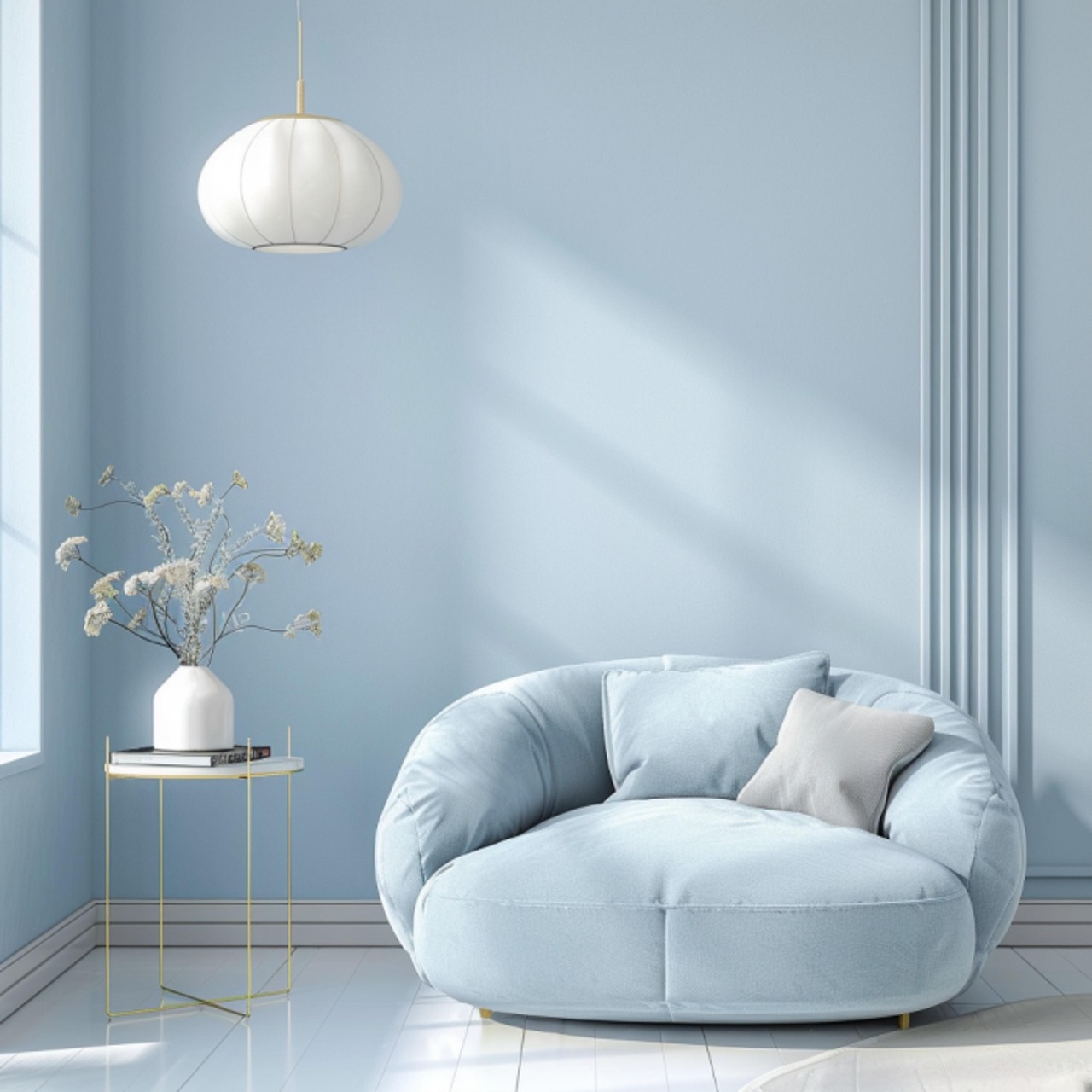 하얀대리석바닥-하늘색쇼파-흰색천장등-작은실버테이블-꽃화병