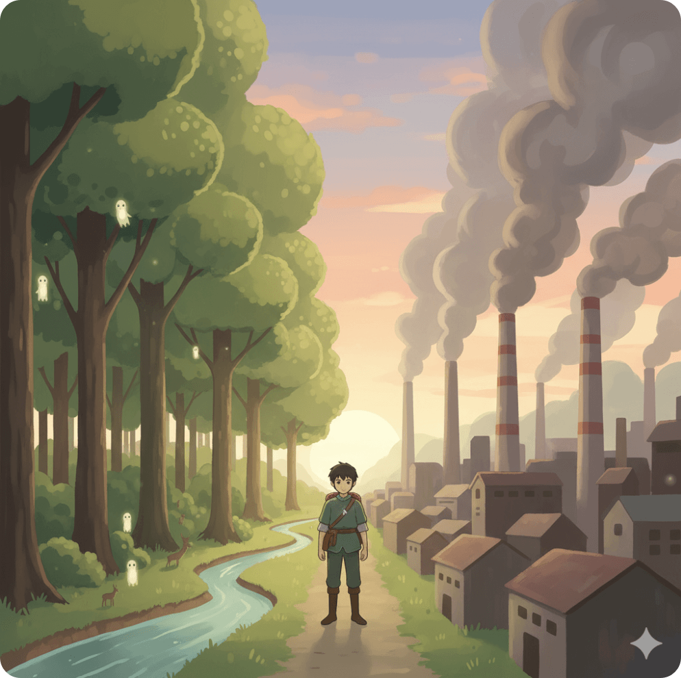 alt="모노노케 히메의 아시타카가 숲과 연기의 경계에 서서 문명과 자연의 갈등 속에서 중재자로 서 있는 장면을 표현한 일러스트"