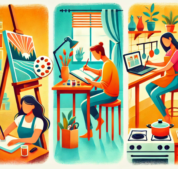 그림 그리는 모습, 글 쓰는 모습, 요리 하는 모습의 그림