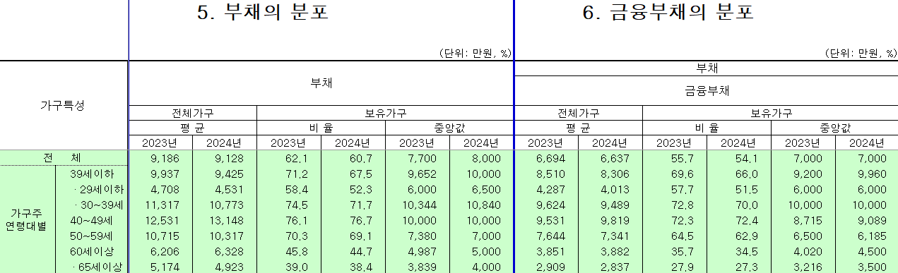 통계청 출처 2024년 가계금융복지조사 가구주 연령대별 부채 및 금융부채 분포