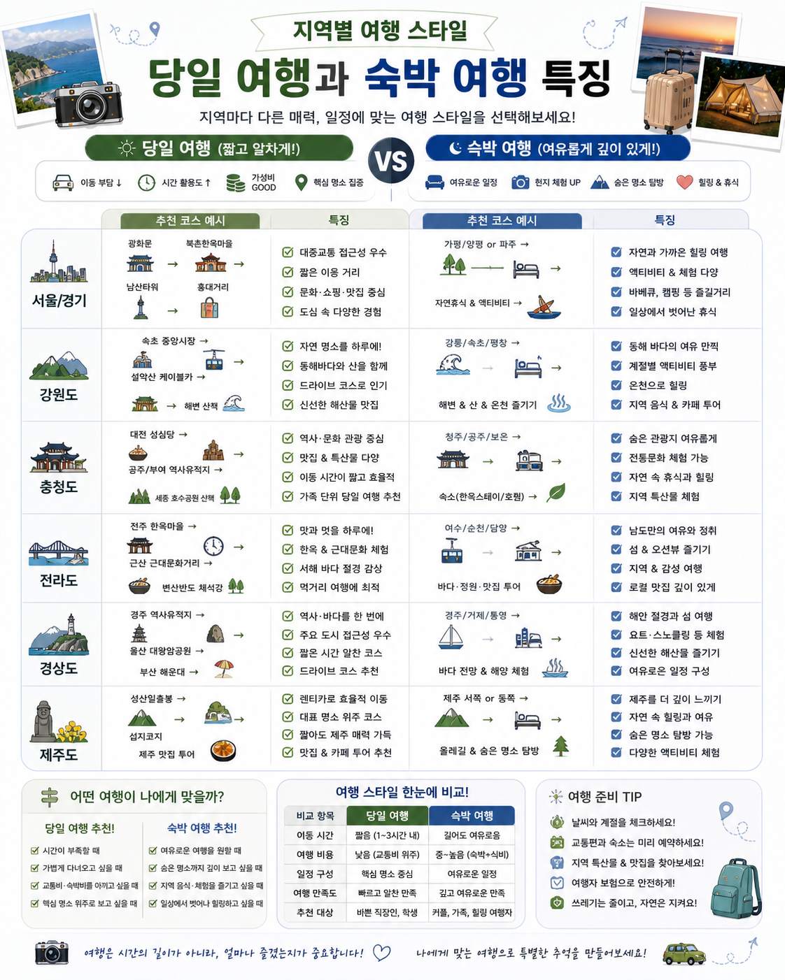 지역별 여행 스타일 당일 여행과 숙박 여행 특징 관련 사진