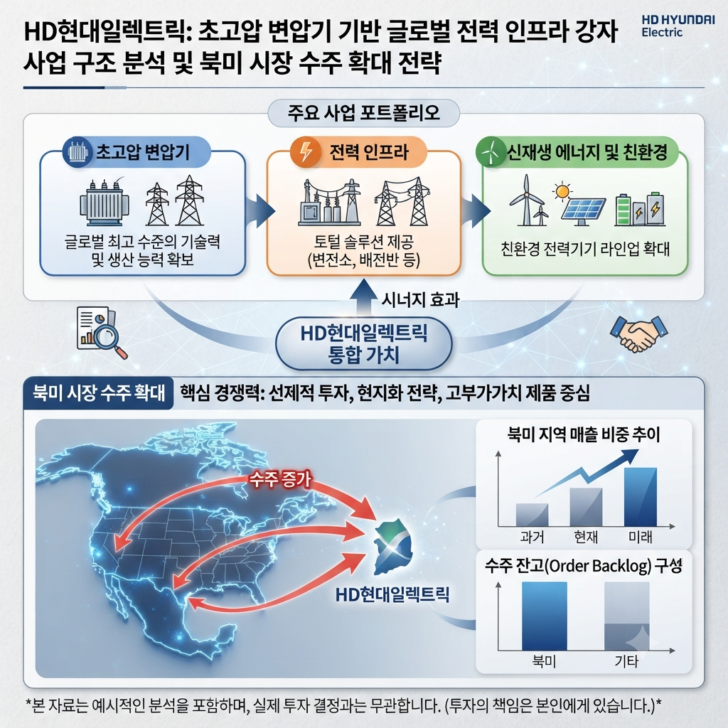 HD현대일렉트릭의 전력기기 실적과 북미 수주 증가를 보여주는 기업 분석 이미지