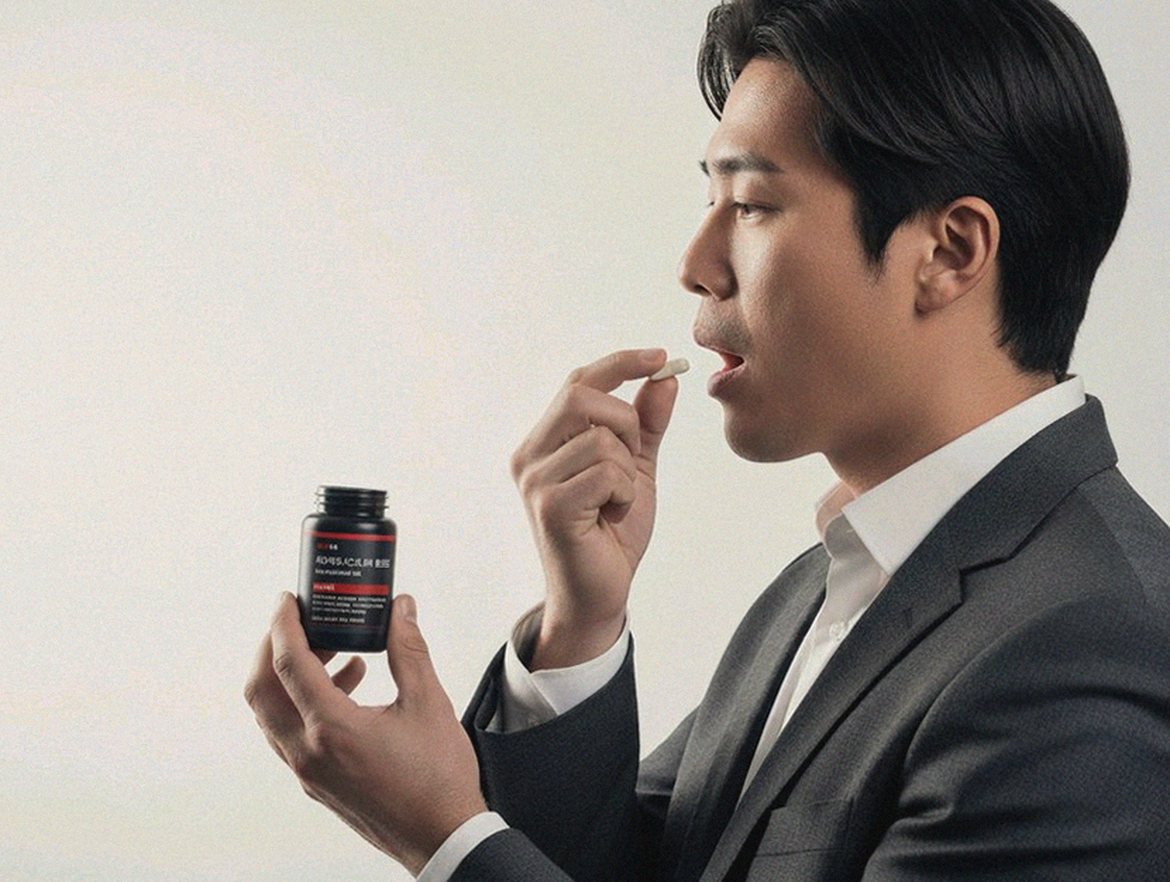 Korean Asian middle-aged man taking supplement with water before dinner at home