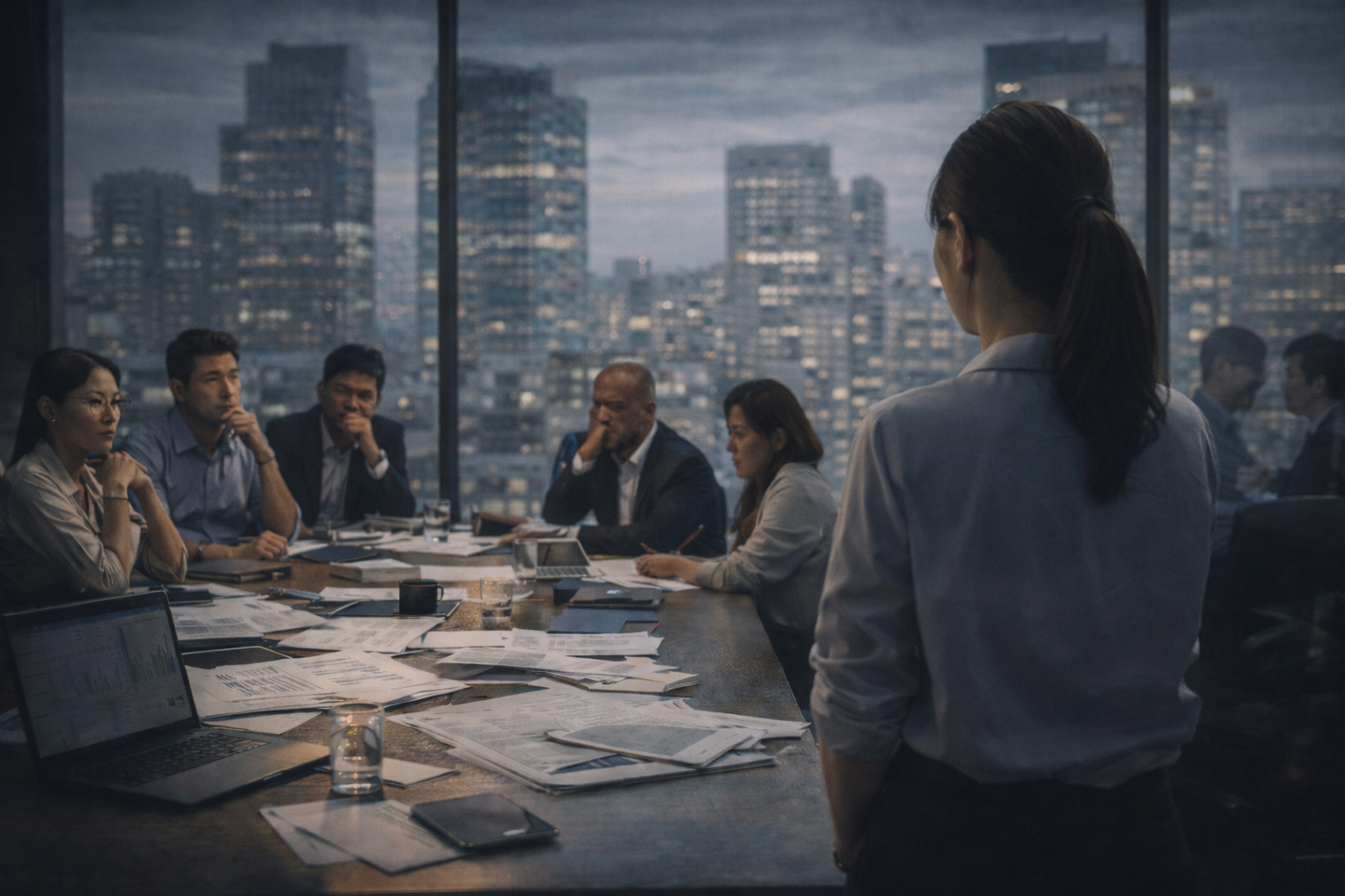 회의실에서 서 있는 여성 리더와 침묵한 팀원들