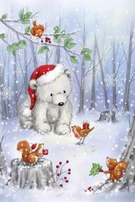 엄청난-눈이-내리는데-숲속에서-곰이-산타모자를-쓰고-참새와-다람쥐랑-노는-모습