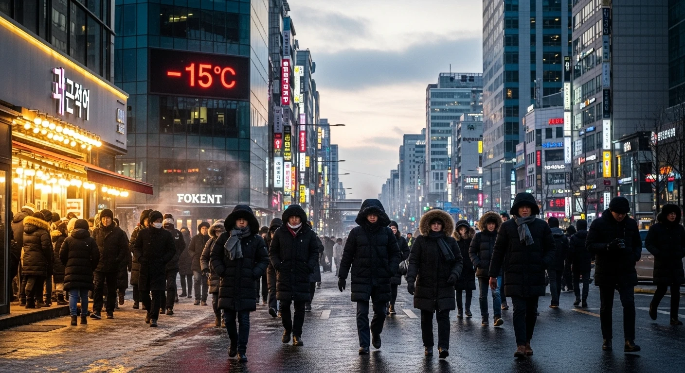 영하 15도의 체감 온도 속 서울 도심의 분주한 거리 모습. 두꺼운 옷차림의 시민들이 분주하게 움직이며 한파에 대비하는 풍경.