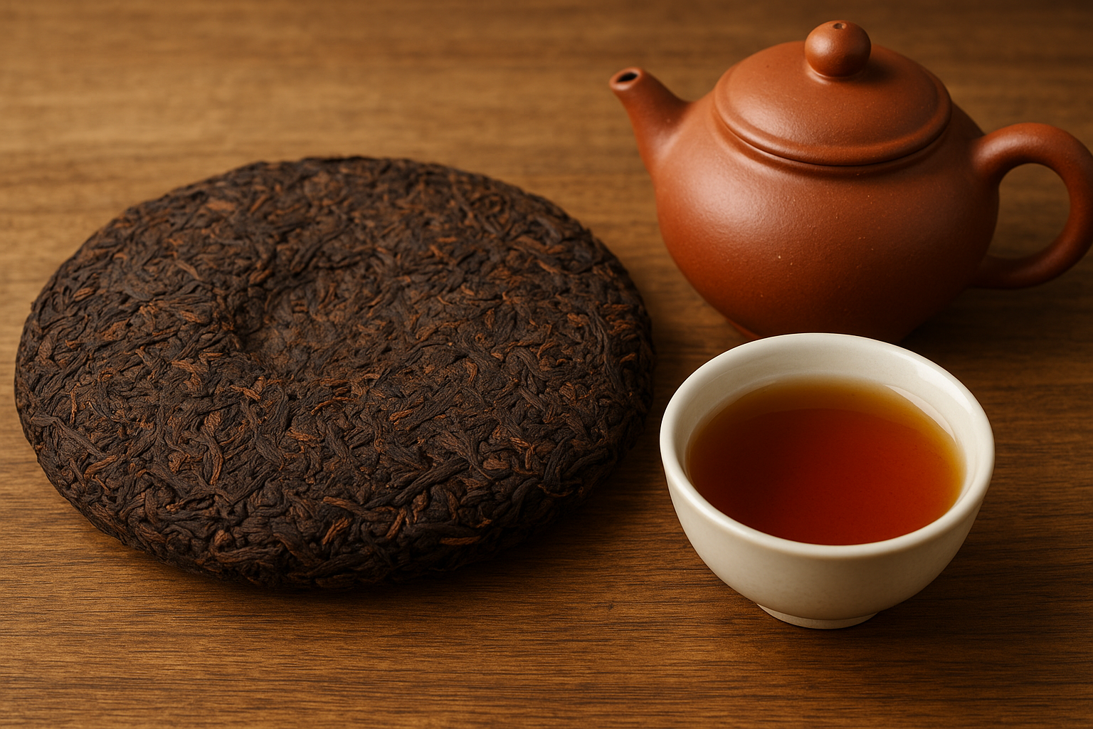 보이차 잎과 보이차가 담긴 찻잔