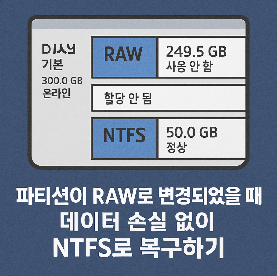 파티션이 RAW로 변경되었을 때, 데이터 손실 없이 NTFS로 복구하기