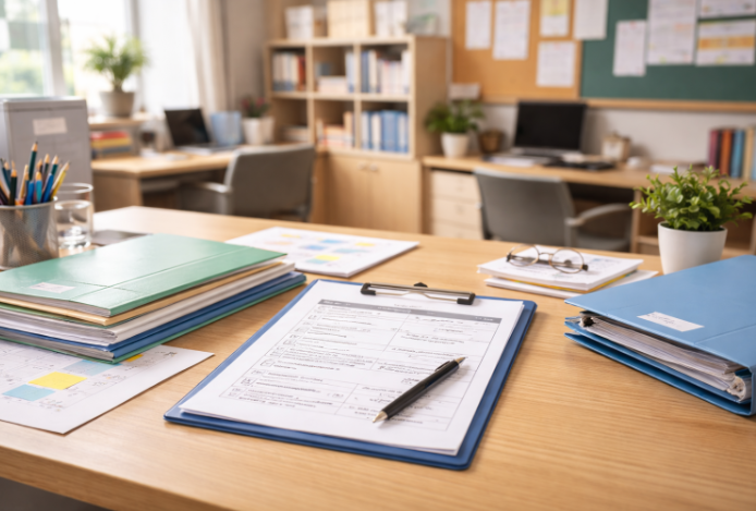 장애학생 통합교육 신청 서류가 놓인 학교 상담실 책상과 파일 정리 모습