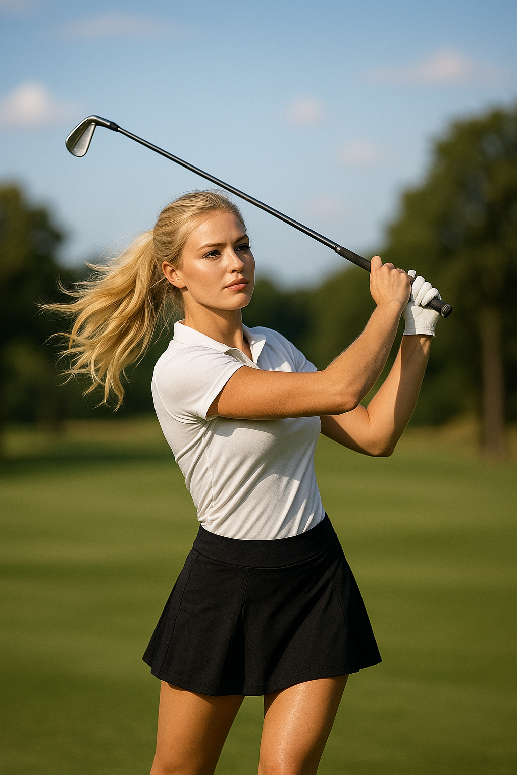 금발의 미녀 프로 골퍼 아이언 멋진 드로우 샷 치는 모습