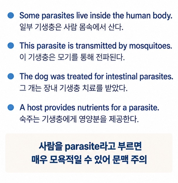 Some parasites live inside the human body 등 parasite 관련 영어 예문과 한국어 뜻을 정리한 영어 학습 인포그래픽