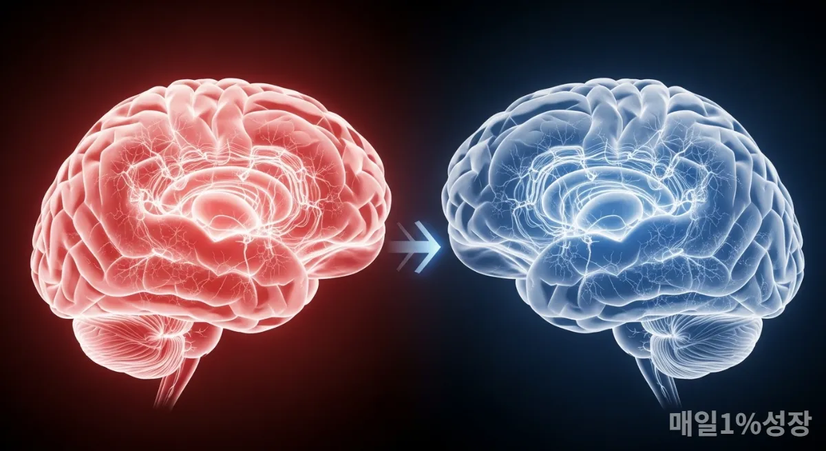 감정 조절 과정을 보여주는 뇌의 편도체와 전전두엽 개념 이미지