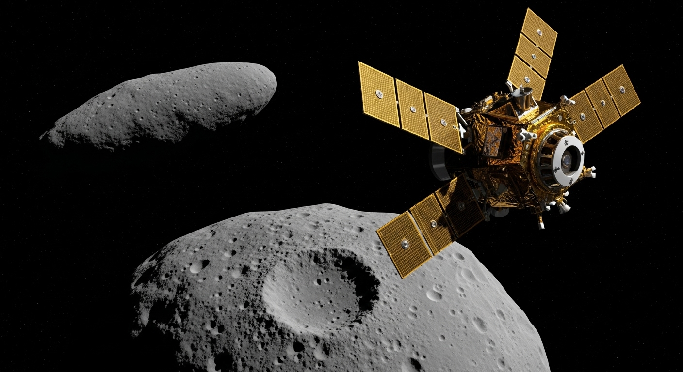 A sleek, scientific ESA Hera spacecraft with solar panels extended, closely observing the asteroid Dimorphos which has a visible crater from the DART impact. The larger asteroid Didymos is visible in the background, set against the blackness of space.