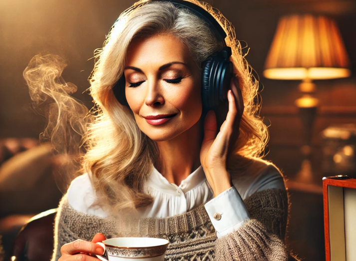 50대 여성이 차를 마시며 음악을 듣고 있다,. 여유로운 삶을 영위하는 모습이다