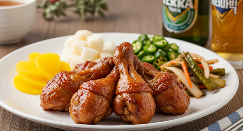 닭봉 조림과 무 피클 또는 양파 장아찌 같은 반찬이 곁들여진 차림 접시오 맥주