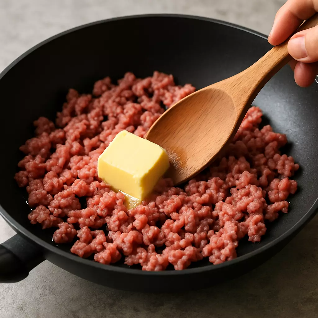 &ldquo;팬 위에 다진 소고기와 버터를 넣고 볶는 이장우 장조림비빔밥 초기 조리 단계&rdquo;