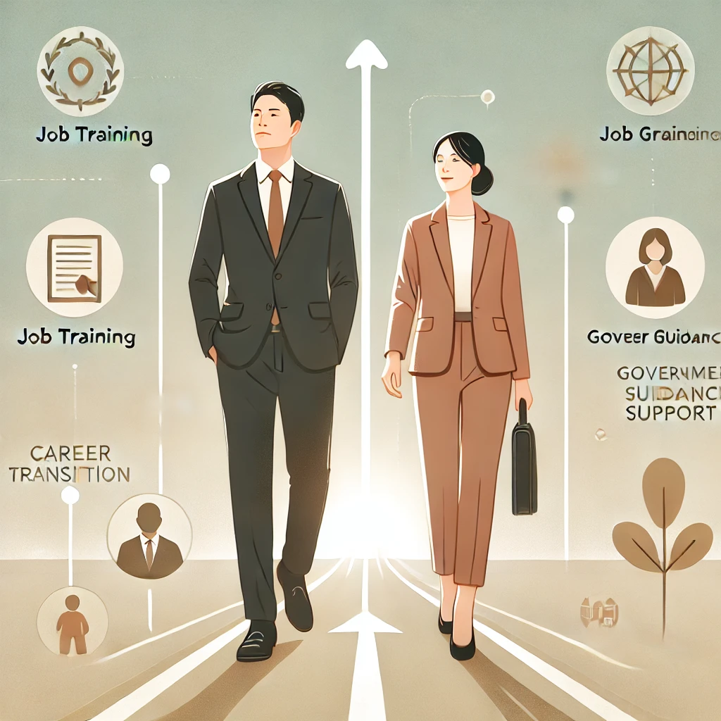 중장년 경력지원제 시각화 – 경력 전환과 정부 지원을 상징하는 대표 이미지